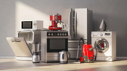 Modern home appliances including refrigerator, washing machine, oven, microwave, dishwasher, coffee maker, blender, kettle, vacuum cleaner, and iron.